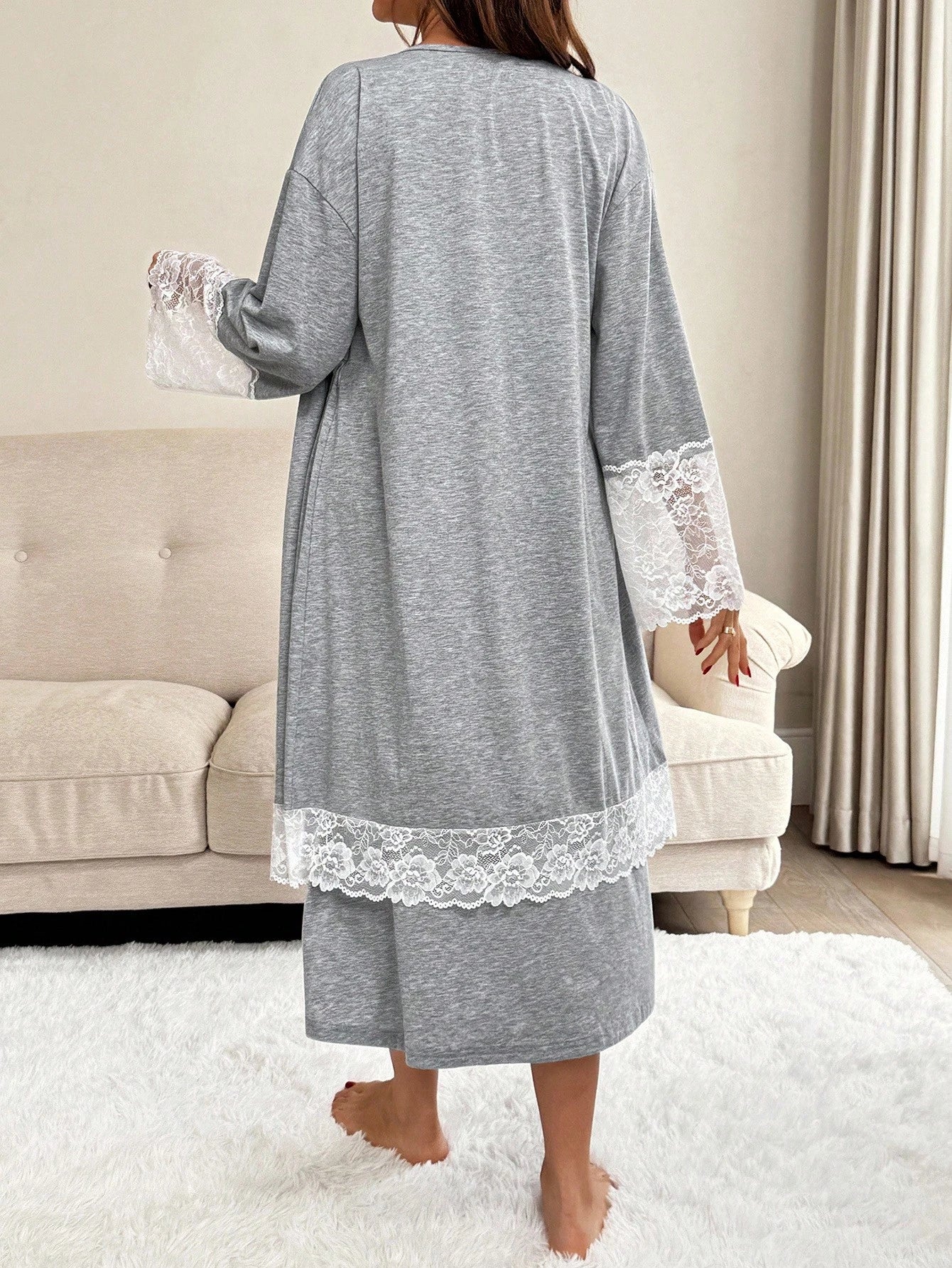 Slowluna 2pcs Maternity Contrast Lace Long Sleeve Robe And Camisole Nursing Nightgown Set Fall