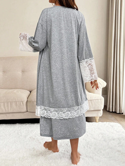 Slowluna 2pcs Maternity Contrast Lace Long Sleeve Robe And Camisole Nursing Nightgown Set Fall