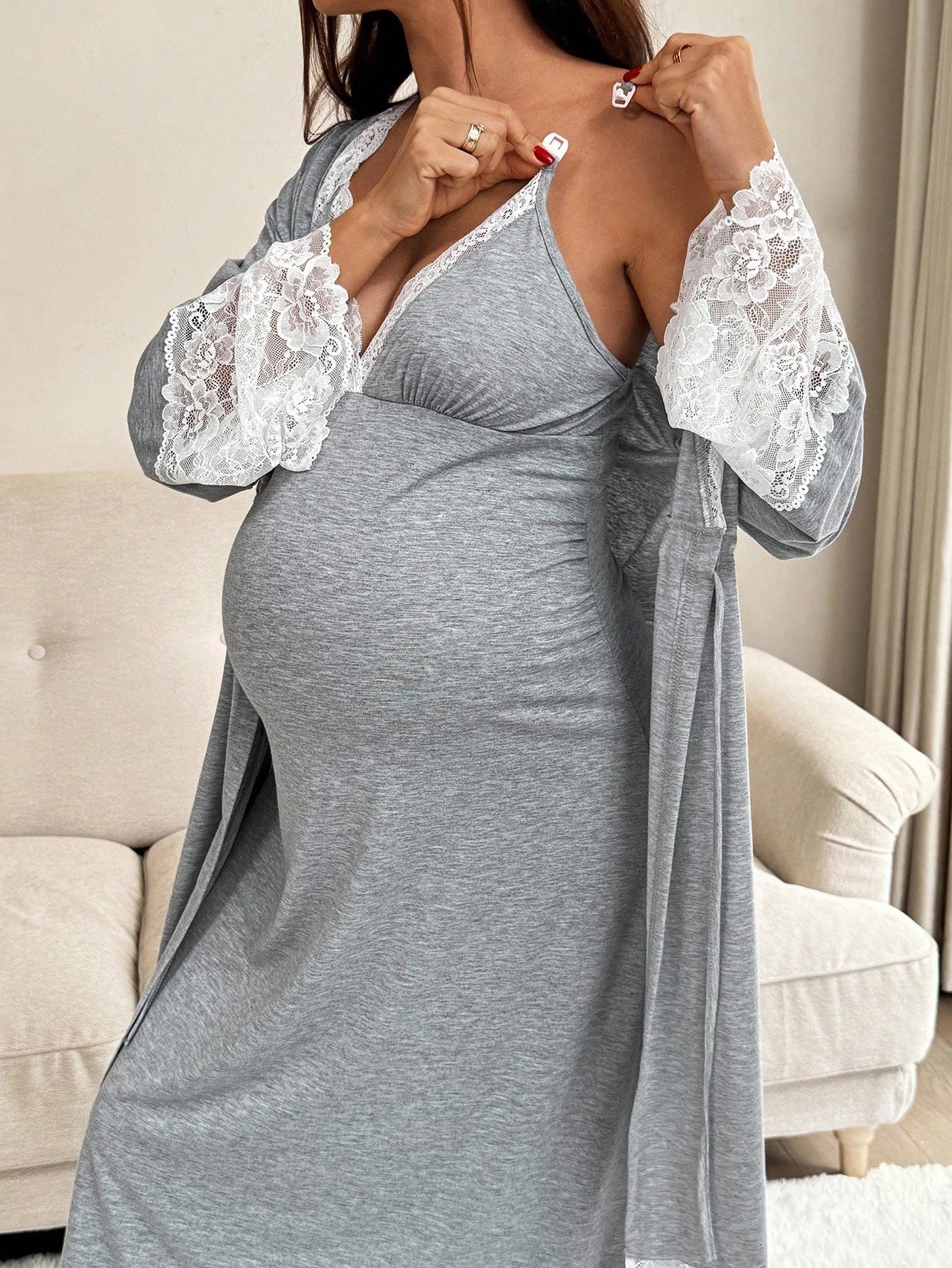 Slowluna 2pcs Maternity Contrast Lace Long Sleeve Robe And Camisole Nursing Nightgown Set Fall