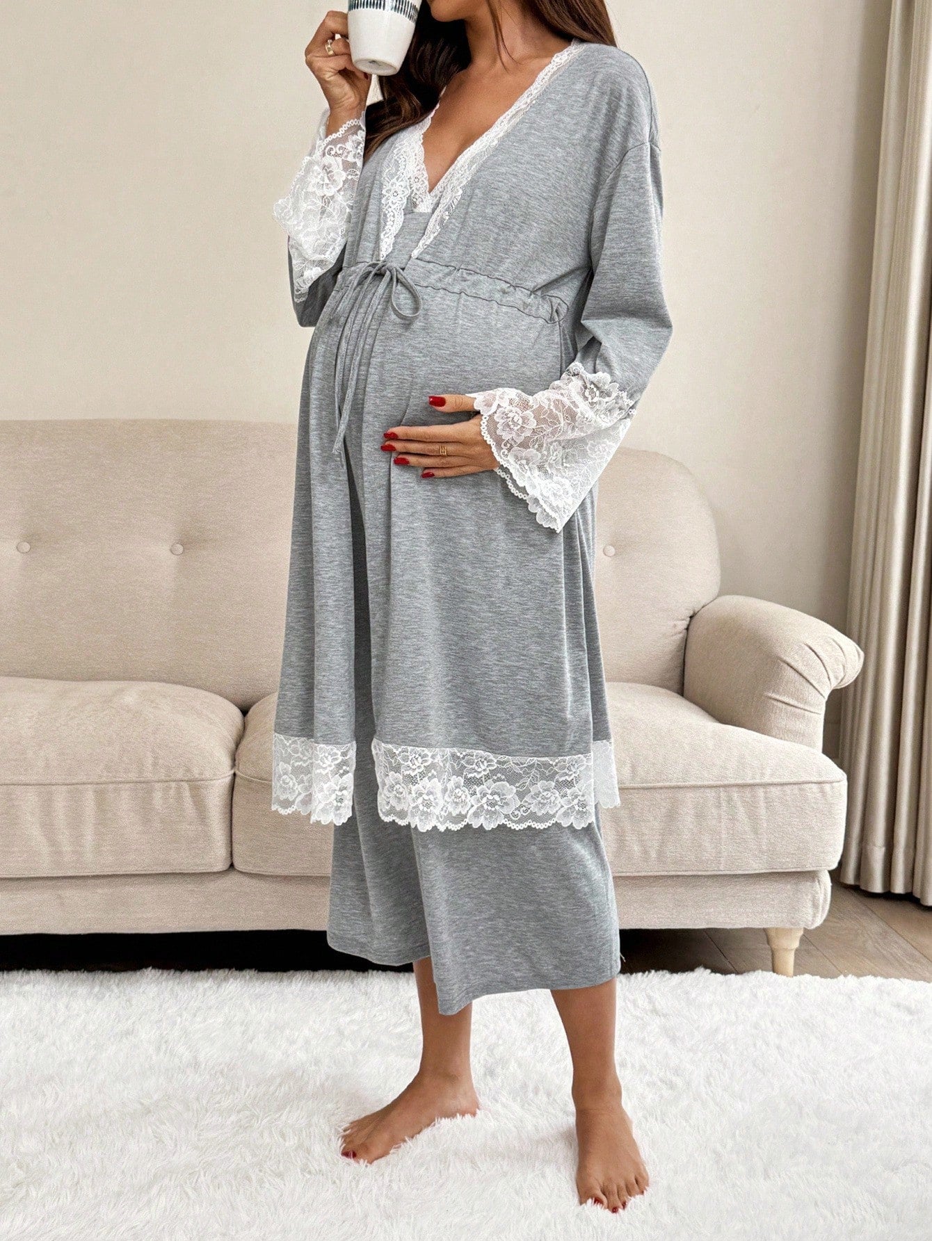 Slowluna 2pcs Maternity Contrast Lace Long Sleeve Robe And Camisole Nursing Nightgown Set Fall
