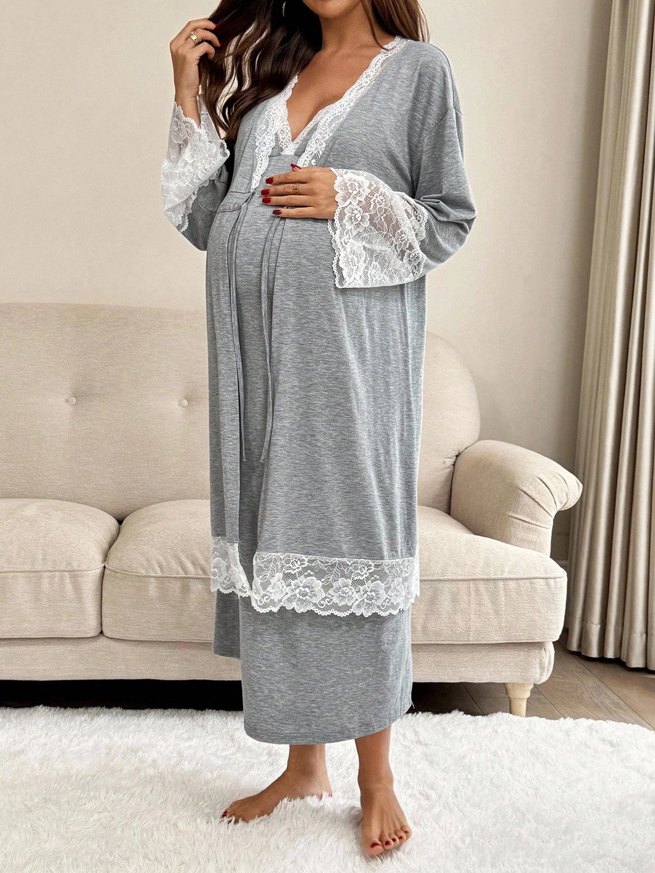Slowluna 2pcs Maternity Contrast Lace Long Sleeve Robe And Camisole Nursing Nightgown Set Fall