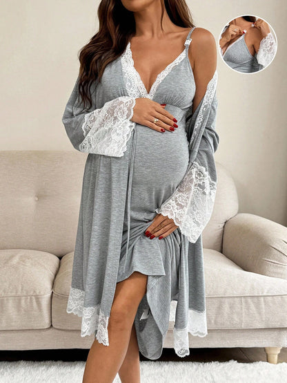 Slowluna 2pcs Maternity Contrast Lace Long Sleeve Robe And Camisole Nursing Nightgown Set Fall