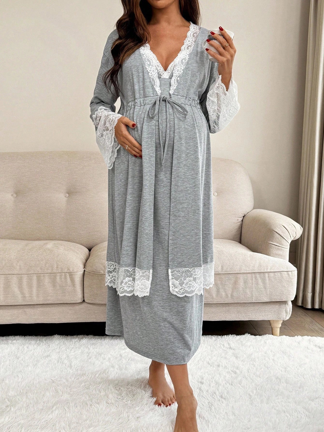 Slowluna 2pcs Maternity Contrast Lace Long Sleeve Robe And Camisole Nursing Nightgown Set Fall