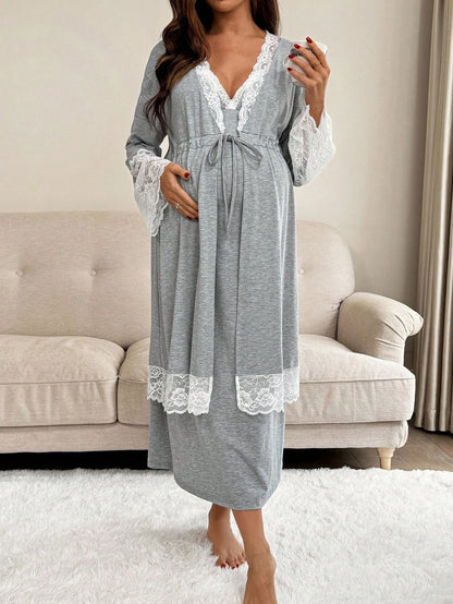 Slowluna 2pcs Maternity Contrast Lace Long Sleeve Robe And Camisole Nursing Nightgown Set Fall