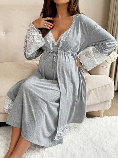 Slowluna 2pcs Maternity Contrast Lace Long Sleeve Robe And Camisole Nursing Nightgown Set Fall