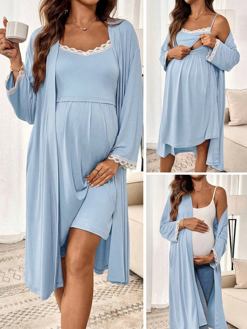Slowluna Maternity Lace Trim Camisole Nightgown & Robe 2 Pieces Nursing Set Fall