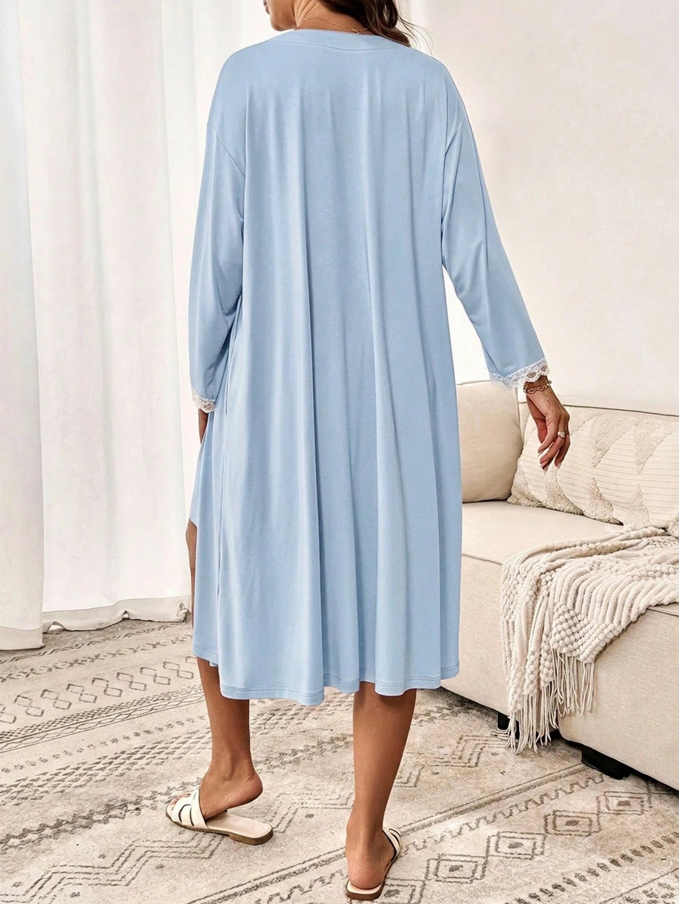 Slowluna Maternity Lace Trim Camisole Nightgown & Robe 2 Pieces Nursing Set Fall
