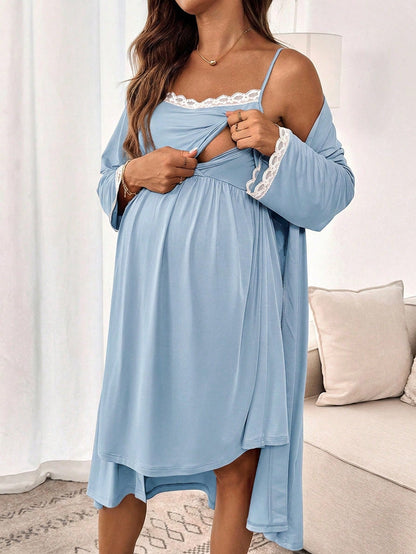 Slowluna Maternity Lace Trim Camisole Nightgown & Robe 2 Pieces Nursing Set Fall