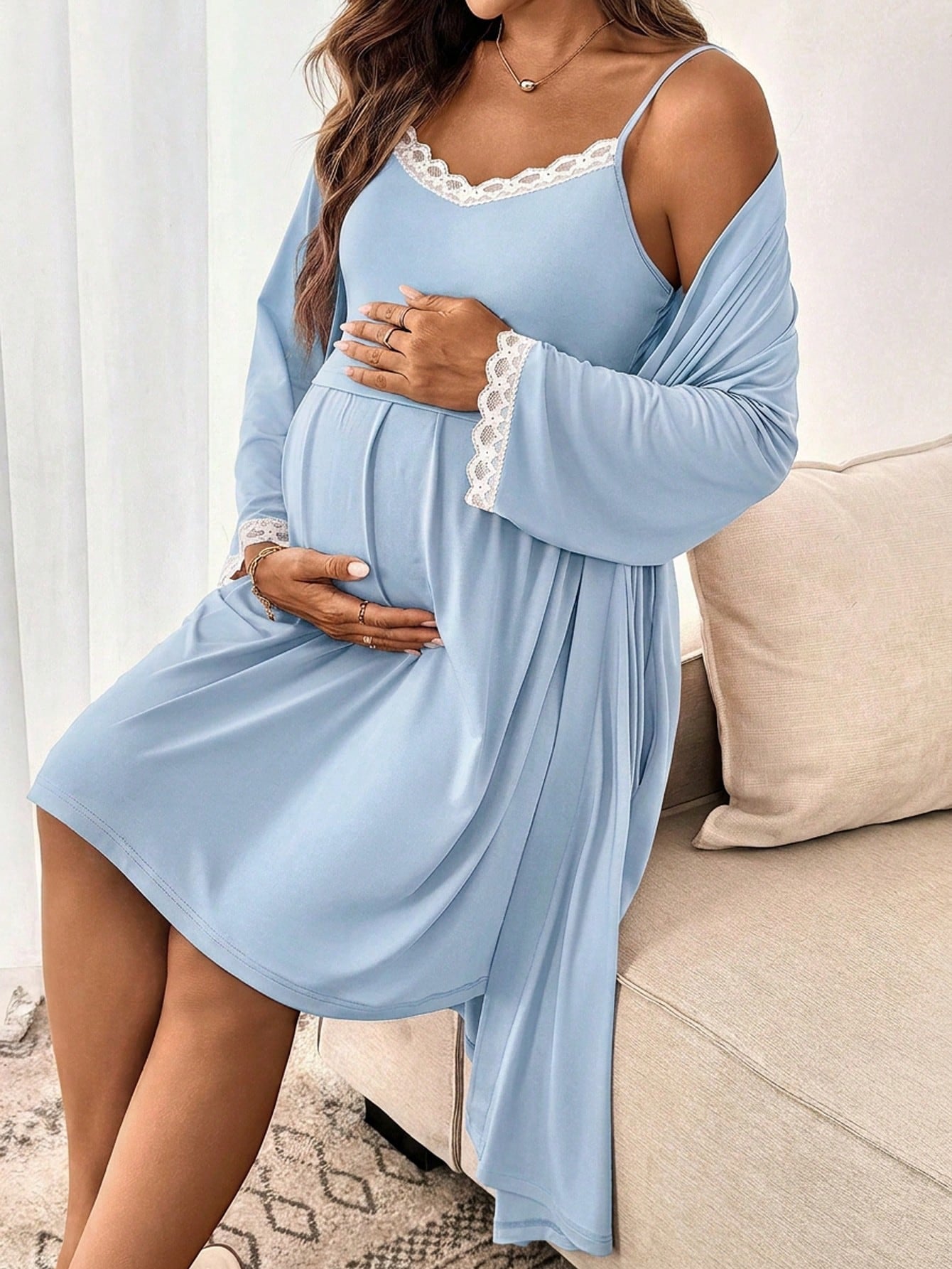 Slowluna Maternity Lace Trim Camisole Nightgown & Robe 2 Pieces Nursing Set Fall