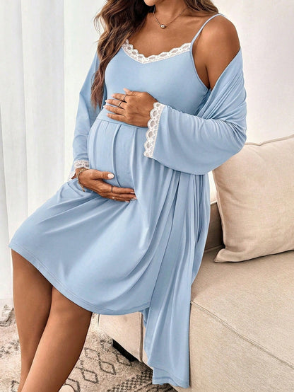 Slowluna Maternity Lace Trim Camisole Nightgown & Robe 2 Pieces Nursing Set Fall