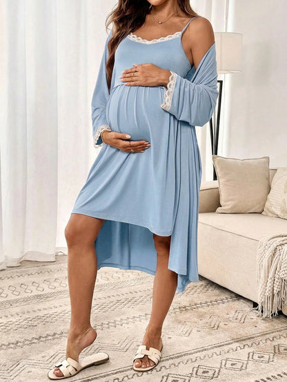 Slowluna Maternity Lace Trim Camisole Nightgown & Robe 2 Pieces Nursing Set Fall