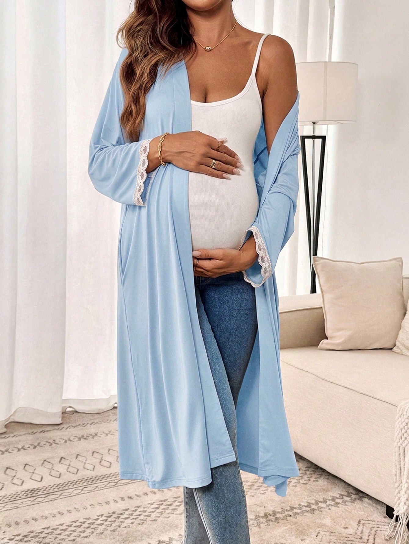 Slowluna Maternity Lace Trim Camisole Nightgown & Robe 2 Pieces Nursing Set Fall