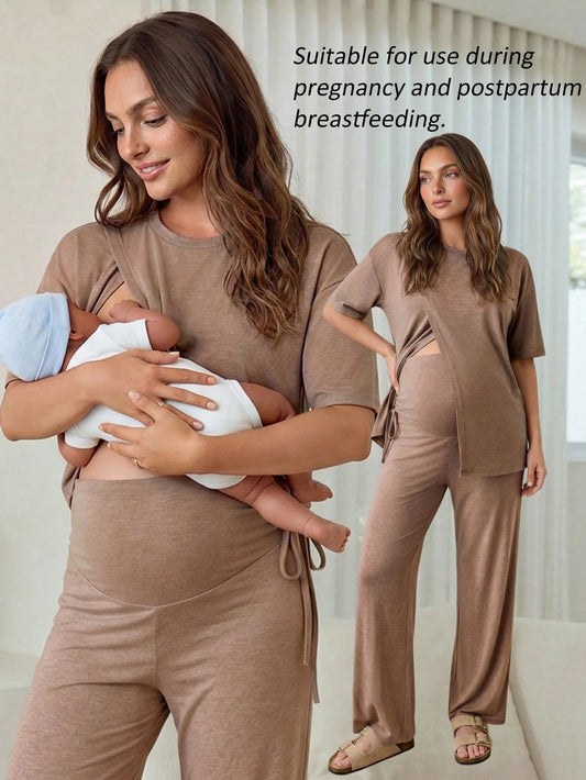 Slowluna Maternity Solid Color Round Neck Nursing Top And Adjustable Waist Long Pants Casual Daily 2 Pieces Set Loungewear Pajama Nightgown Robe