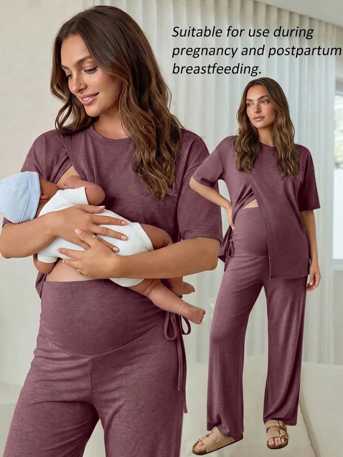 Slowluna Maternity Solid Color Split Hem T-Shirt And Pants Nursing 2 Pieces Set Lingerie Lingerie Set Underwear Women Pajama Pajama Dress Loungewear Nightgown
