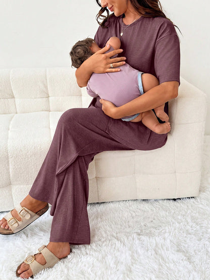 Slowluna Maternity Solid Color Split Hem T-Shirt And Pants Nursing 2 Pieces Set Lingerie Lingerie Set Underwear Women Pajama Pajama Dress Loungewear Nightgown
