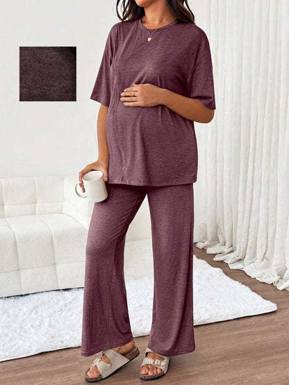 Slowluna Maternity Solid Color Split Hem T-Shirt And Pants Nursing 2 Pieces Set Lingerie Lingerie Set Underwear Women Pajama Pajama Dress Loungewear Nightgown