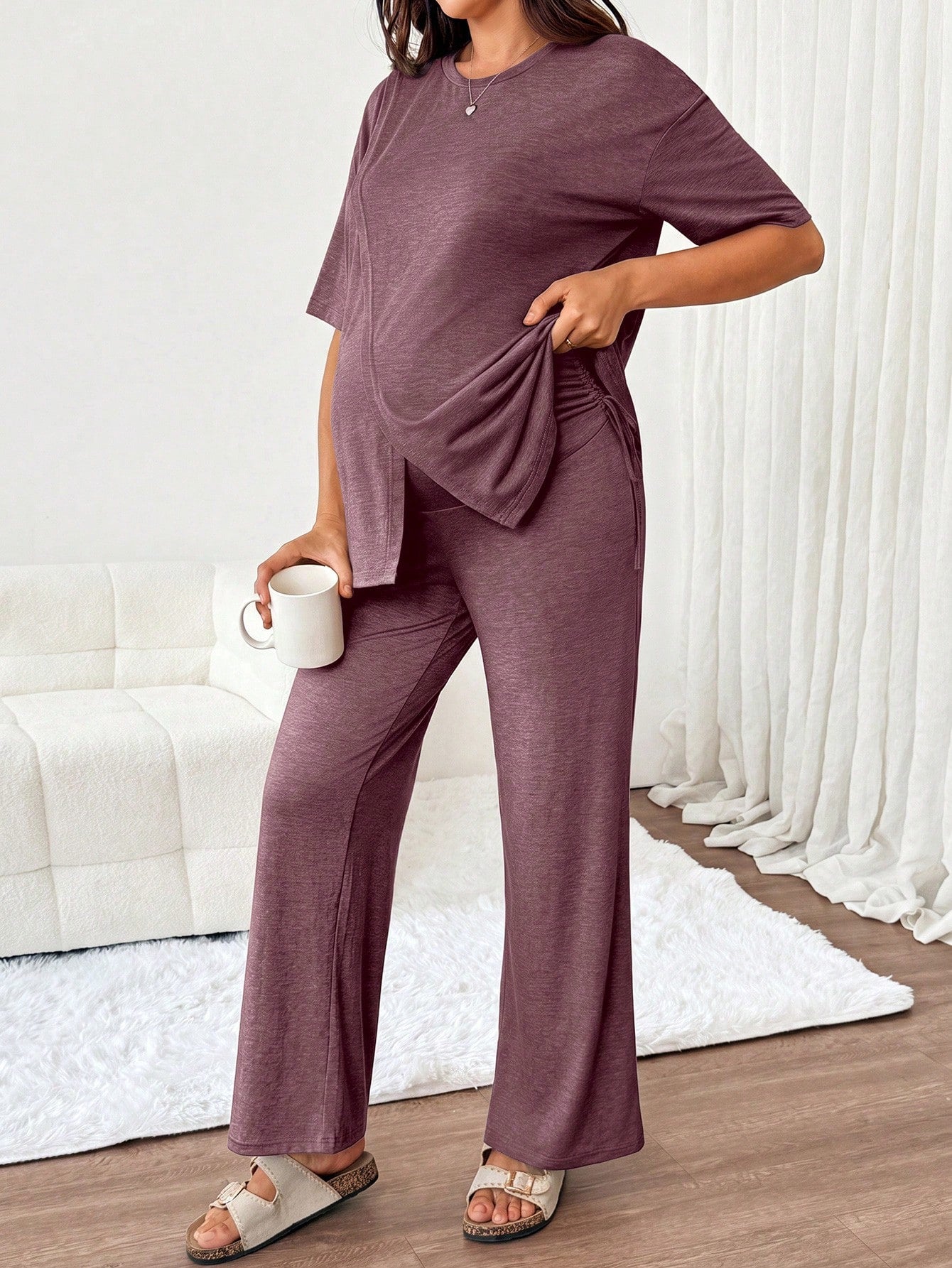 Slowluna Maternity Solid Color Split Hem T-Shirt And Pants Nursing 2 Pieces Set Lingerie Lingerie Set Underwear Women Pajama Pajama Dress Loungewear Nightgown