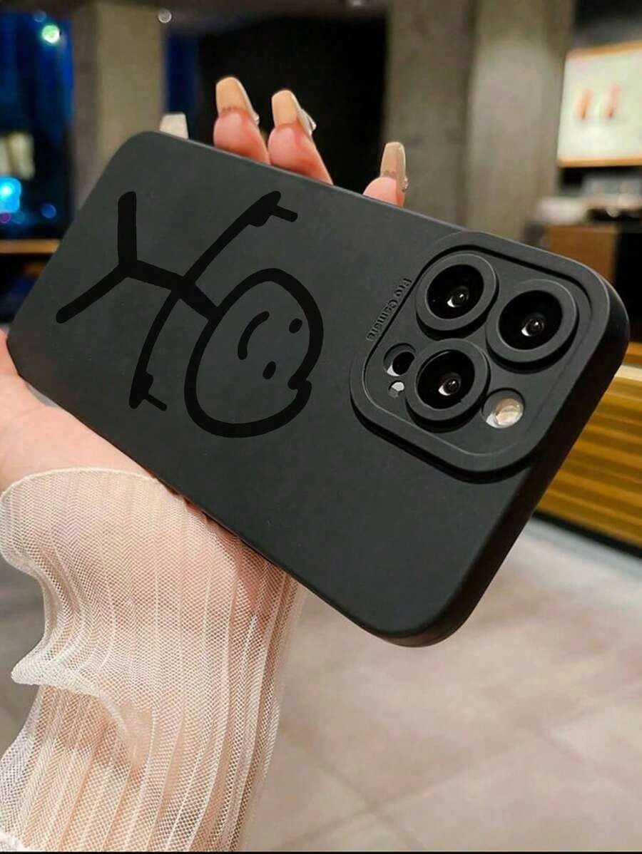 Smiling Face Painted Anti-Drop Perforated Black Minimalist Protective Phone Case Compatible With 16/15 XR/7/8/16 ProMax/13 Case/ 15 ProMax/12 ProMax/13 ProMax/14 ProMax 13 14 11 12P14 Women P11 Soft