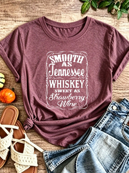 Smooth As Tennessee Whiskey Sweet As Strawberry Wine Print Colored Cotton T-Shirt,Women's Colored Cotton T-Shirt Understated Casual Tee Y2K Style