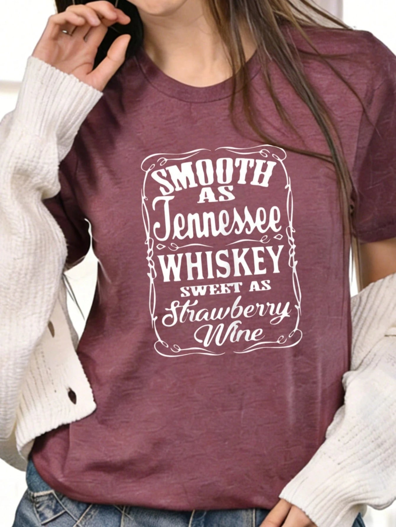 Smooth As Tennessee Whiskey Sweet As Strawberry Wine Print Colored Cotton T-Shirt,Women's Colored Cotton T-Shirt Understated Casual Tee Y2K Style