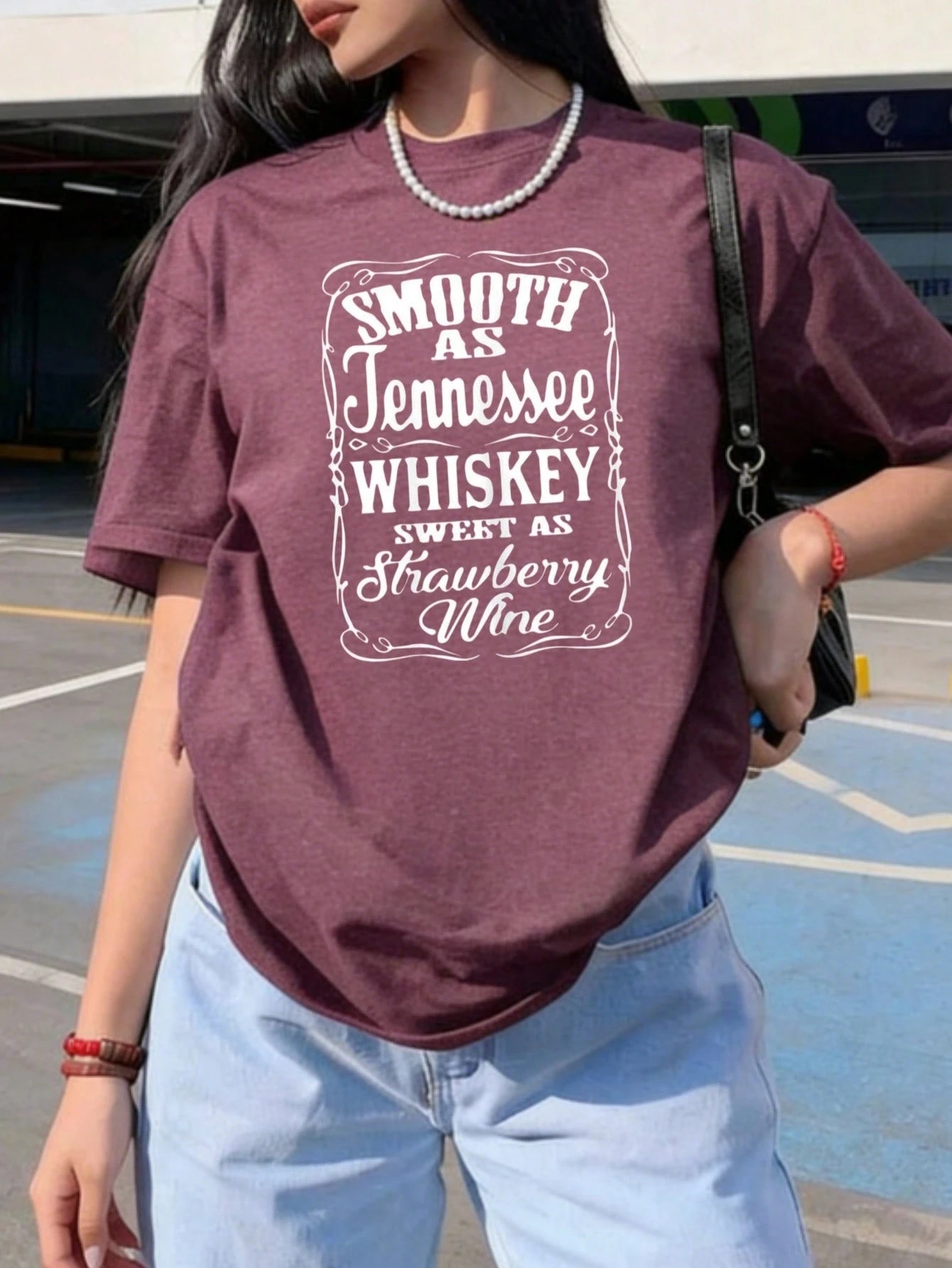 Smooth As Tennessee Whiskey Sweet As Strawberry Wine Print Colored Cotton T-Shirt,Women's Colored Cotton T-Shirt Understated Casual Tee Y2K Style
