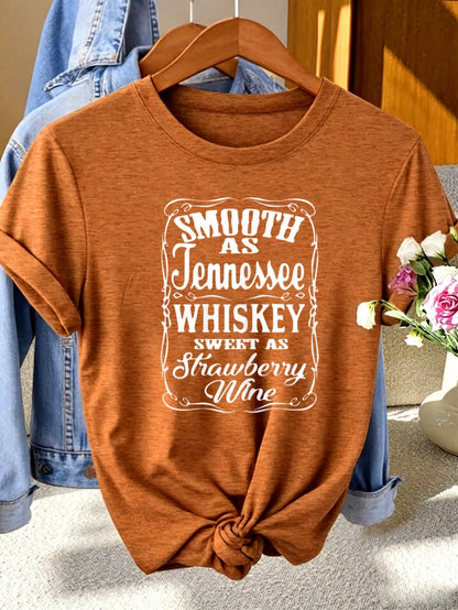 Smooth As Tennessee Whiskey Sweet As Strawberry Wine Print Colored Cotton T-Shirt,Women's Colored Cotton T-Shirt Understated Casual Tee Y2K Style