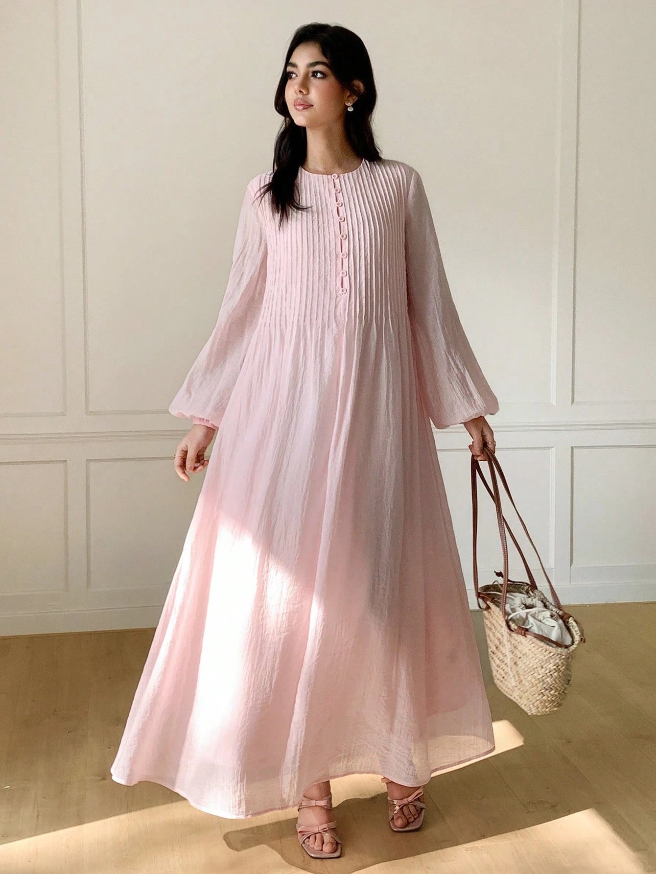 Solavon Women's Elegant Lantern Sleeve Pleated Long Dress, Minimalist Style For Autumn Vacation Blush Pink