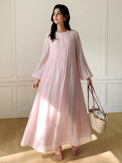 Solavon Women's Elegant Lantern Sleeve Pleated Long Dress, Minimalist Style For Autumn Vacation Blush Pink