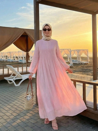 Solavon Women's Elegant Lantern Sleeve Pleated Long Dress, Minimalist Style For Autumn Vacation Blush Pink
