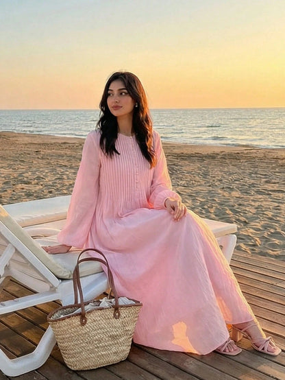 Solavon Women's Elegant Lantern Sleeve Pleated Long Dress, Minimalist Style For Autumn Vacation Blush Pink