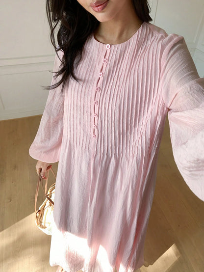 Solavon Women's Elegant Lantern Sleeve Pleated Long Dress, Minimalist Style For Autumn Vacation Blush Pink