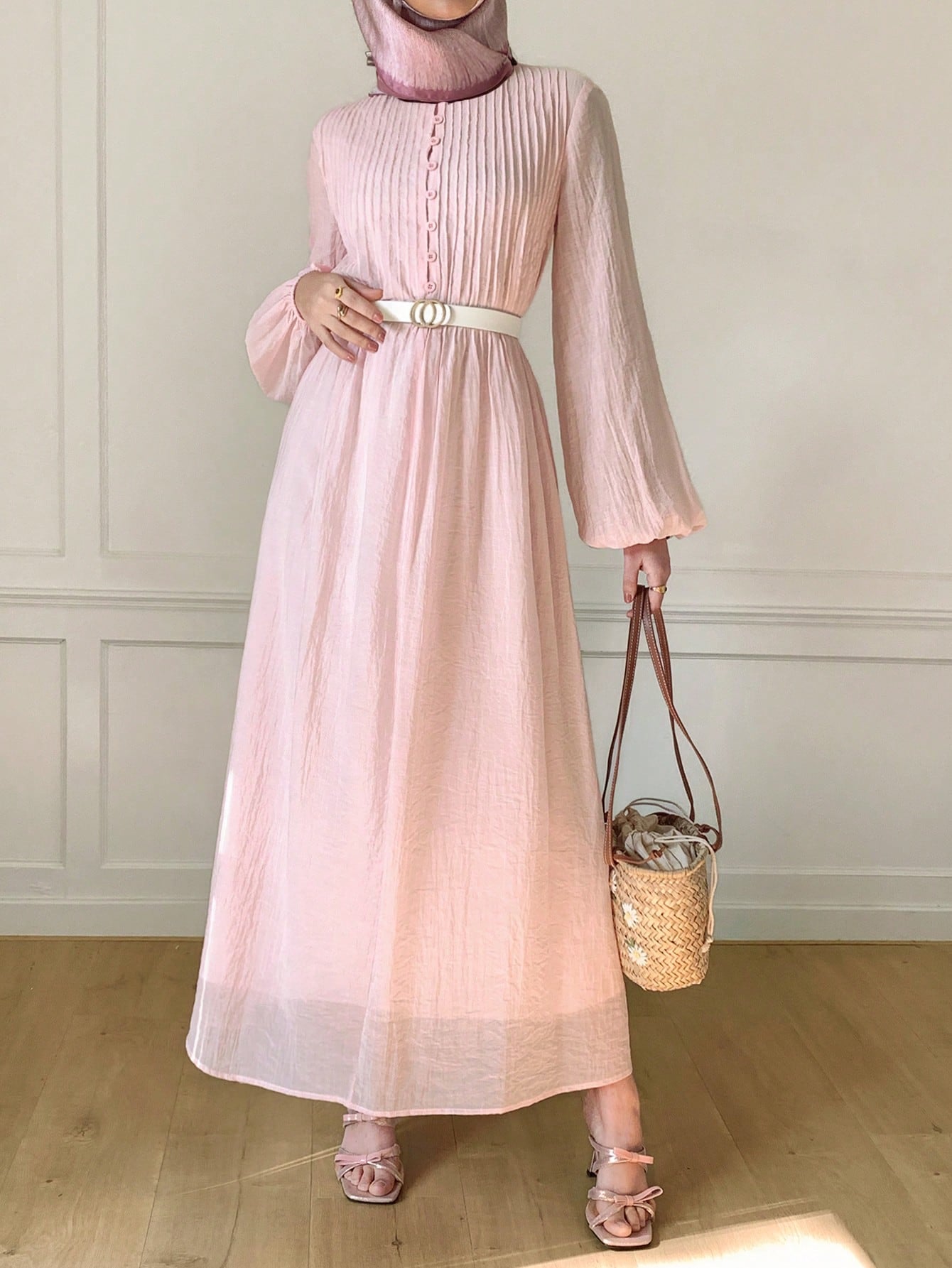 Solavon Women's Elegant Lantern Sleeve Pleated Long Dress, Minimalist Style For Autumn Vacation Blush Pink