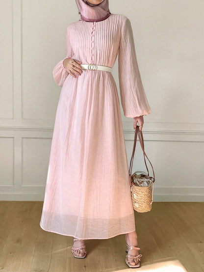 Solavon Women's Elegant Lantern Sleeve Pleated Long Dress, Minimalist Style For Autumn Vacation Blush Pink