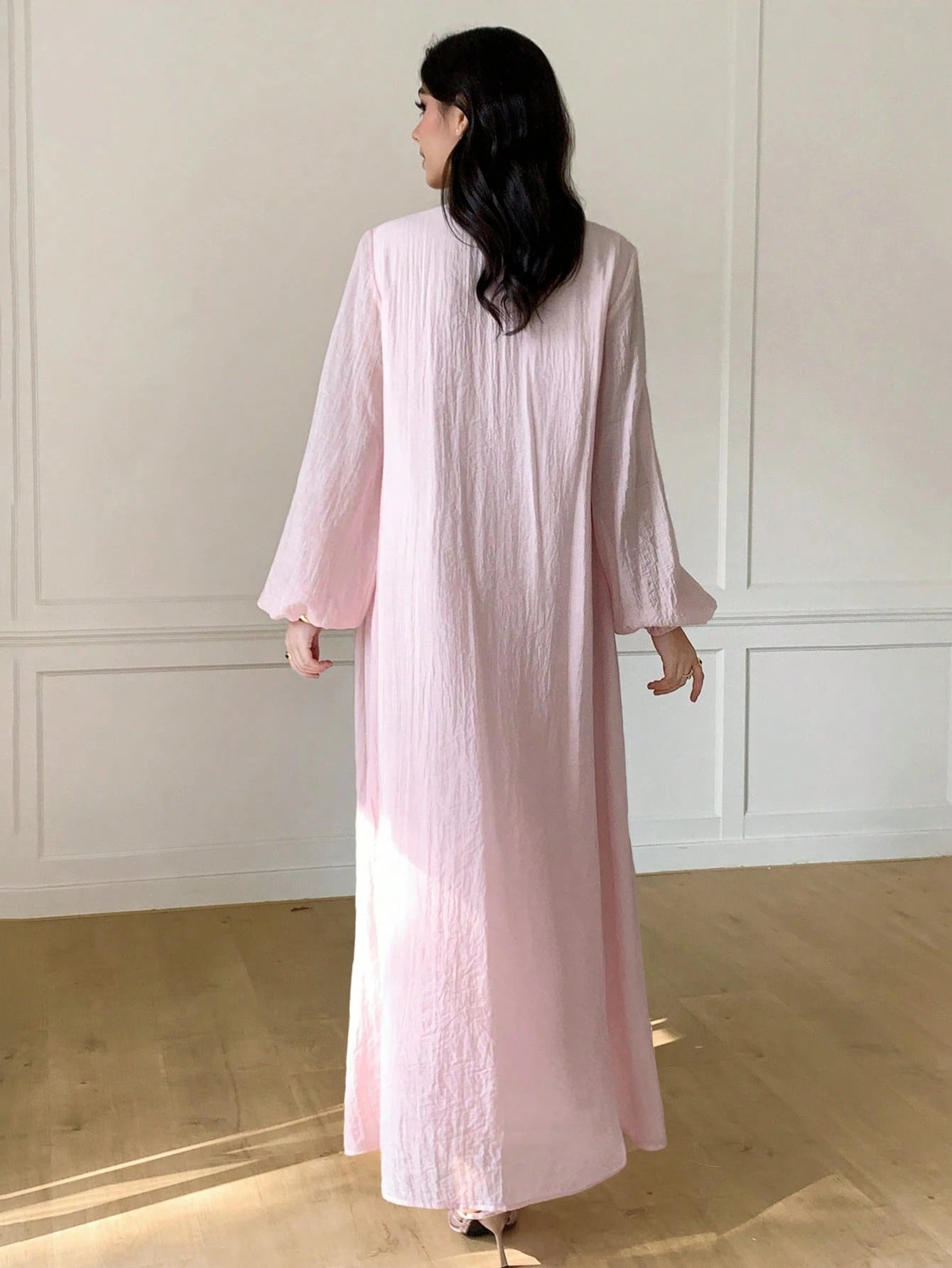 Solavon Women's Elegant Lantern Sleeve Pleated Long Dress, Minimalist Style For Autumn Vacation Blush Pink