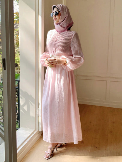 Solavon Women's Elegant Lantern Sleeve Pleated Long Dress, Minimalist Style For Autumn Vacation Blush Pink