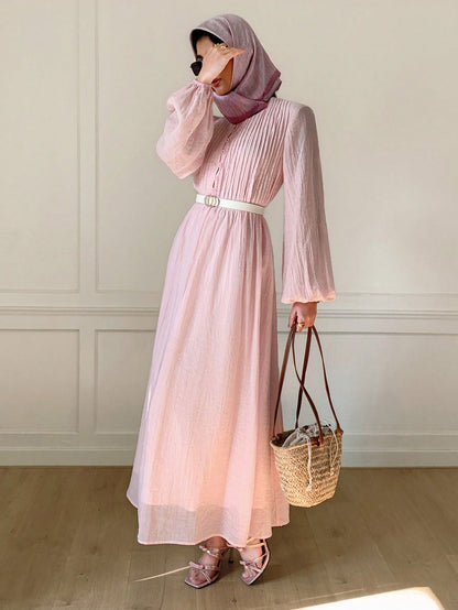 Solavon Women's Elegant Lantern Sleeve Pleated Long Dress, Minimalist Style For Autumn Vacation Blush Pink