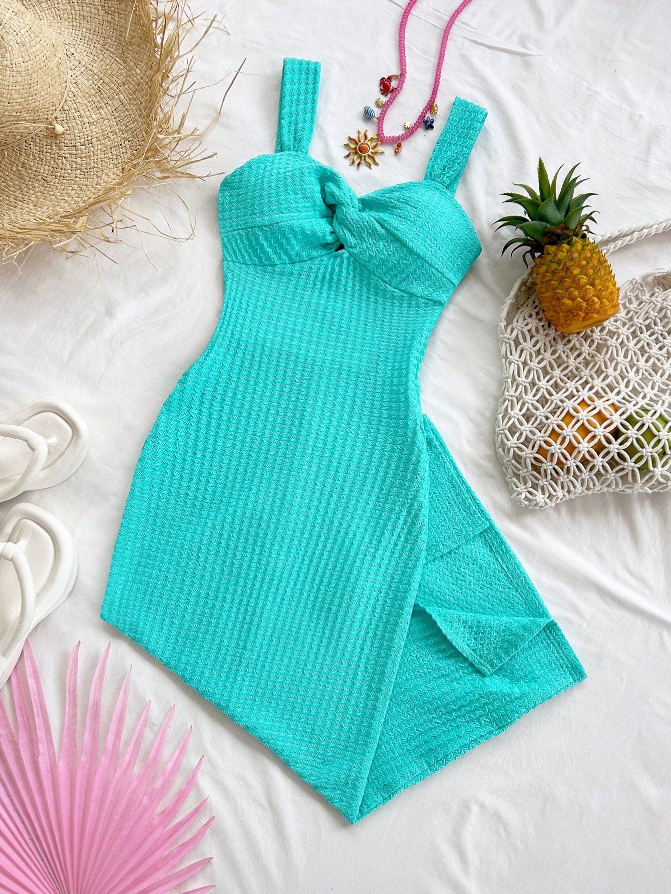 Soleia Beach Outfits For Women Vacation Dress Women's Casual Solid Color Textured Fabric Twist Front Bodycon Suitable Summer Carnival No Chest Padding