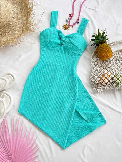 Soleia Beach Outfits For Women Vacation Dress Women's Casual Solid Color Textured Fabric Twist Front Bodycon Suitable Summer Carnival No Chest Padding