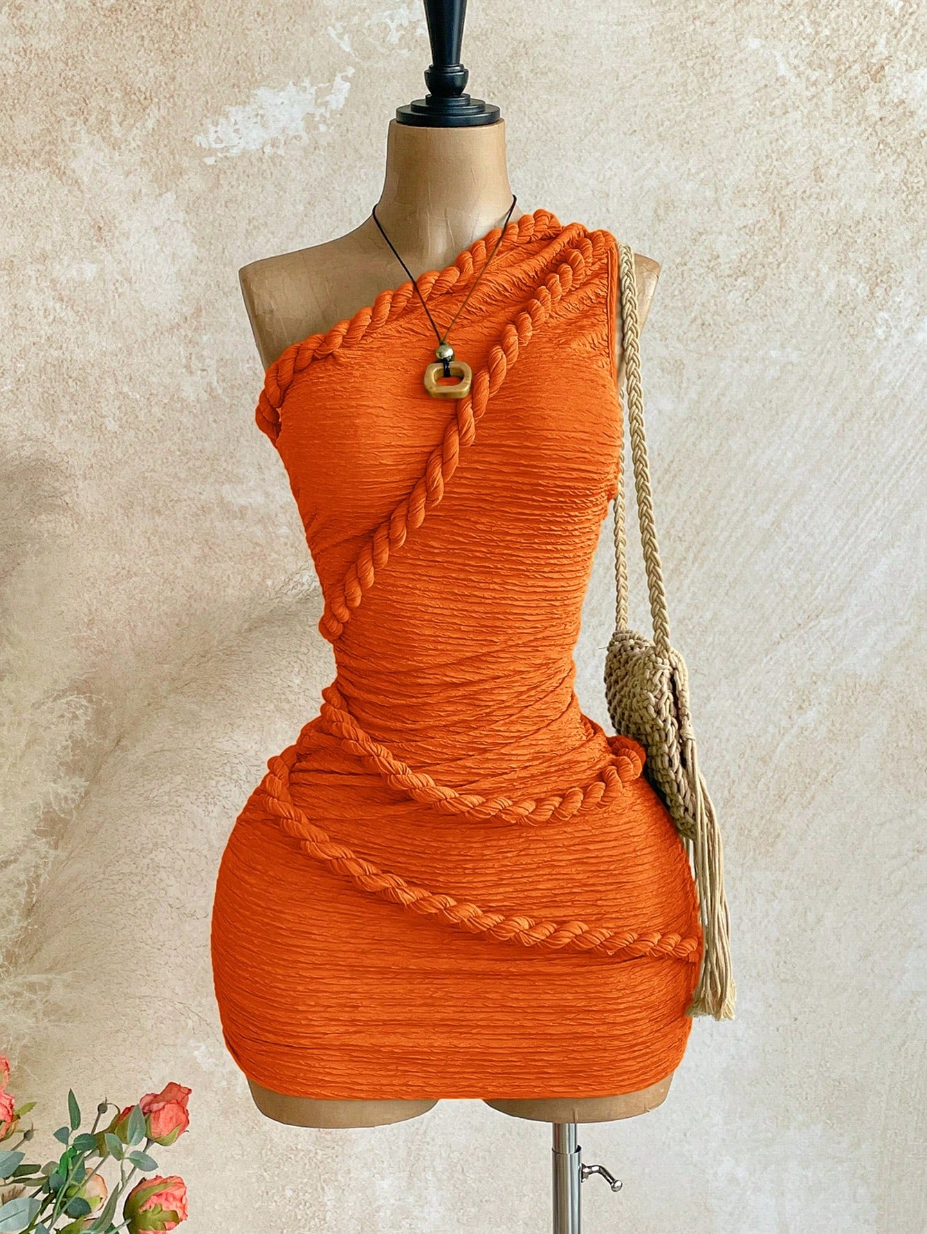 Soleia New Vacation Braided One Shoulder Slim Fit Mini Dress, Bohemian, Boho, Vacation, Fall Women Clothes, Vintage, Holiday,Summer Dresses For Women