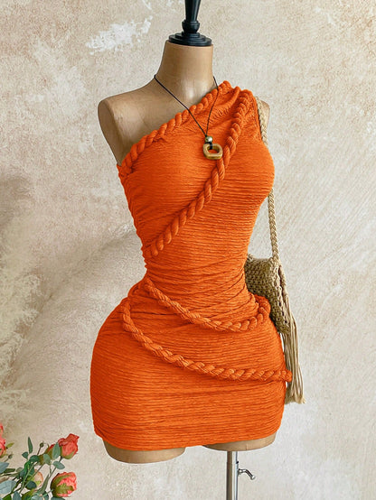 Soleia New Vacation Braided One Shoulder Slim Fit Mini Dress, Bohemian, Boho, Vacation, Fall Women Clothes, Vintage, Holiday,Summer Dresses For Women