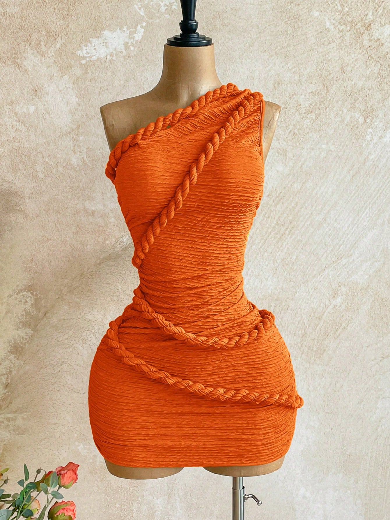 Soleia New Vacation Braided One Shoulder Slim Fit Mini Dress, Bohemian, Boho, Vacation, Fall Women Clothes, Vintage, Holiday,Summer Dresses For Women