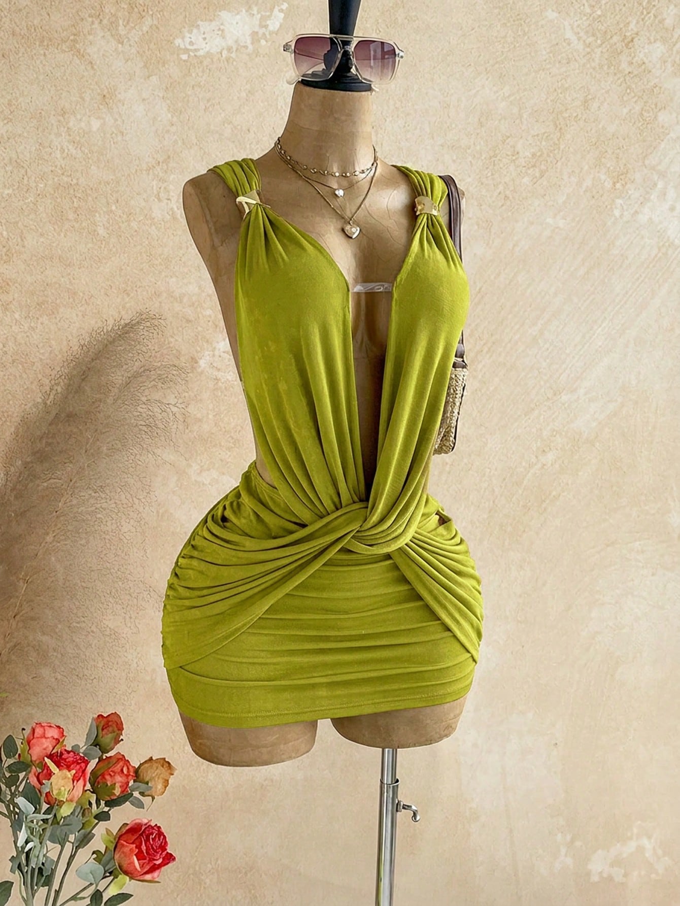 Soleia Sexy Design V-Neck Metal Decor Shoulder Strap Backless Wrap Mini Dress Greek Mythology Style For Date Night Club Party Out Summer Olive Green