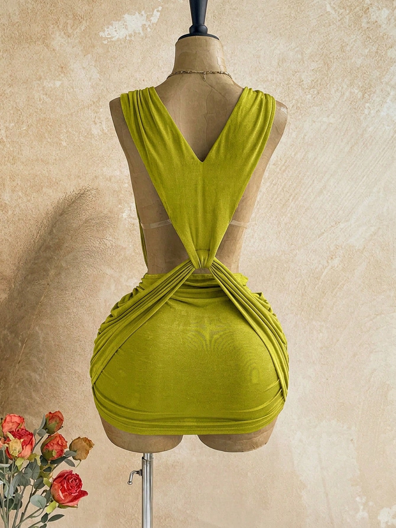 Soleia Sexy Design V-Neck Metal Decor Shoulder Strap Backless Wrap Mini Dress Greek Mythology Style For Date Night Club Party Out Summer Olive Green