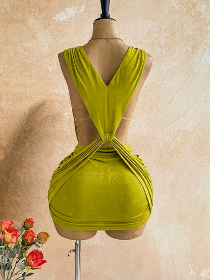 Soleia Sexy Design V-Neck Metal Decor Shoulder Strap Backless Wrap Mini Dress Greek Mythology Style For Date Night Club Party Out Summer Olive Green