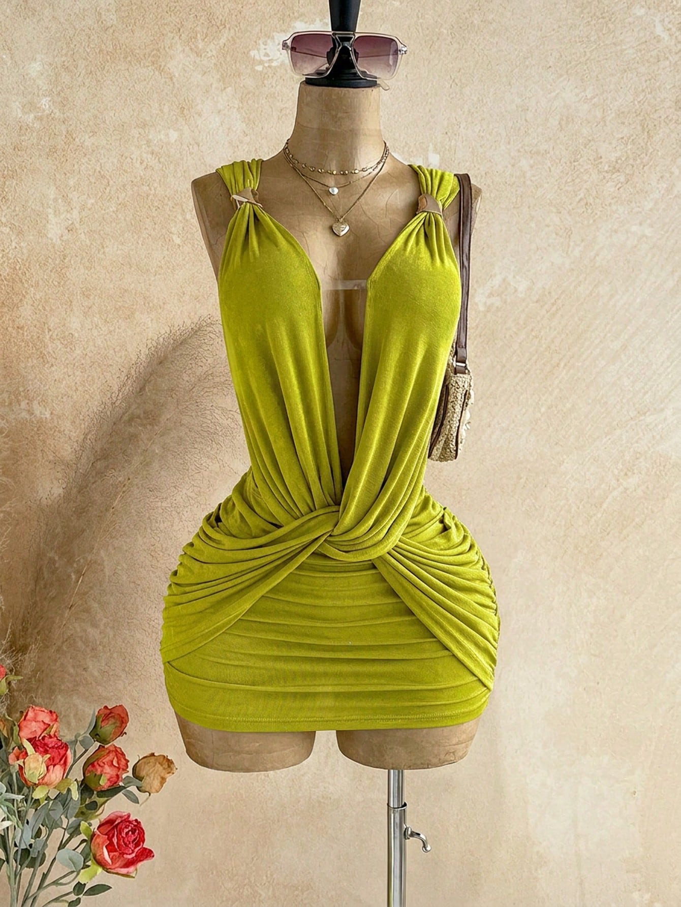 Soleia Sexy Design V-Neck Metal Decor Shoulder Strap Backless Wrap Mini Dress Greek Mythology Style For Date Night Club Party Out Summer Olive Green