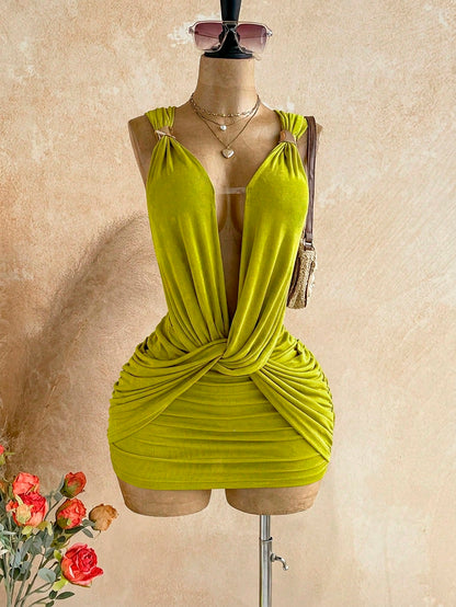 Soleia Sexy Design V-Neck Metal Decor Shoulder Strap Backless Wrap Mini Dress Greek Mythology Style For Date Night Club Party Out Summer Olive Green