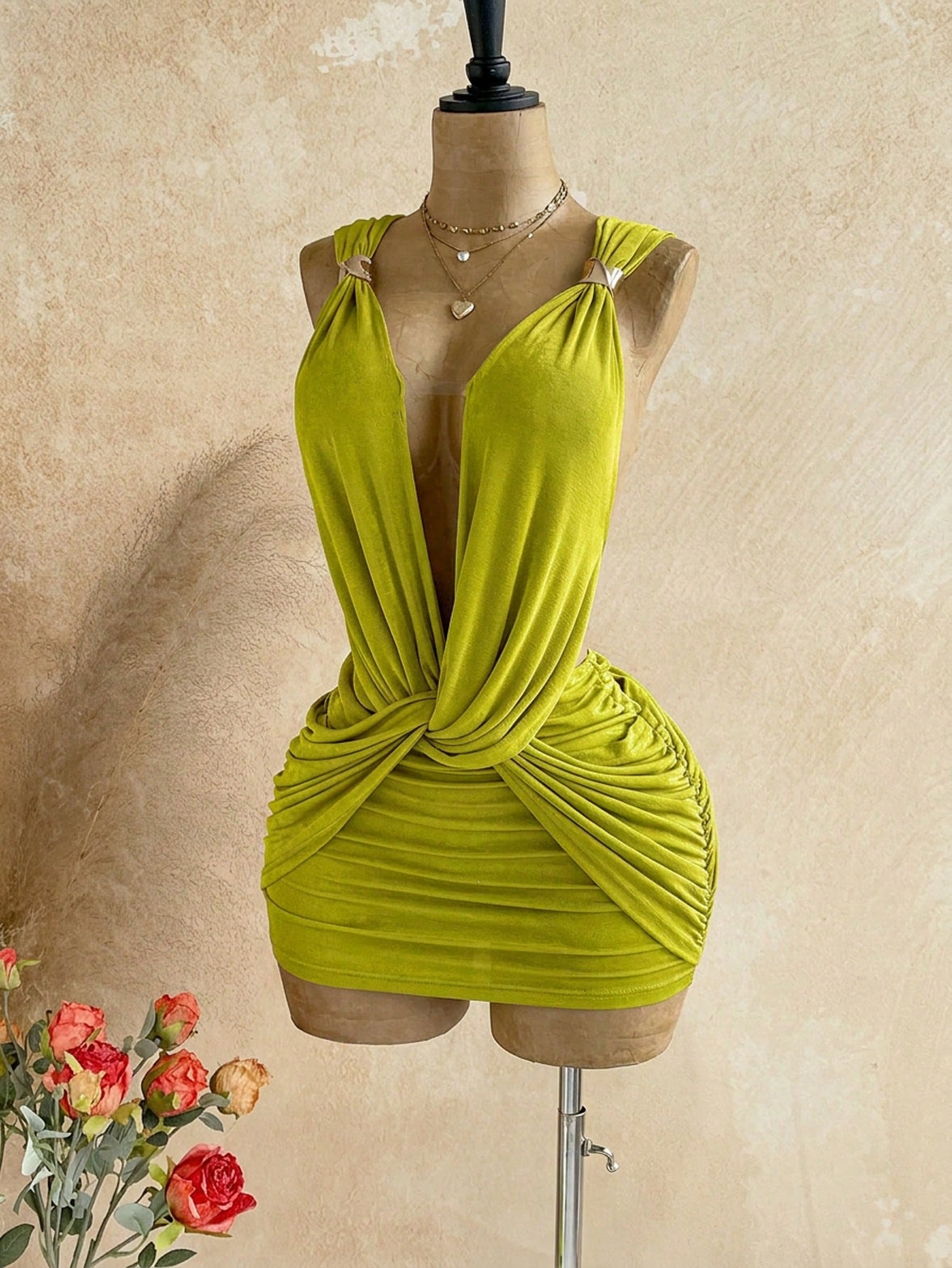 Soleia Sexy Design V-Neck Metal Decor Shoulder Strap Backless Wrap Mini Dress Greek Mythology Style For Date Night Club Party Out Summer Olive Green