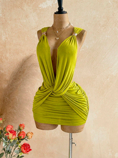 Soleia Sexy Design V-Neck Metal Decor Shoulder Strap Backless Wrap Mini Dress Greek Mythology Style For Date Night Club Party Out Summer Olive Green