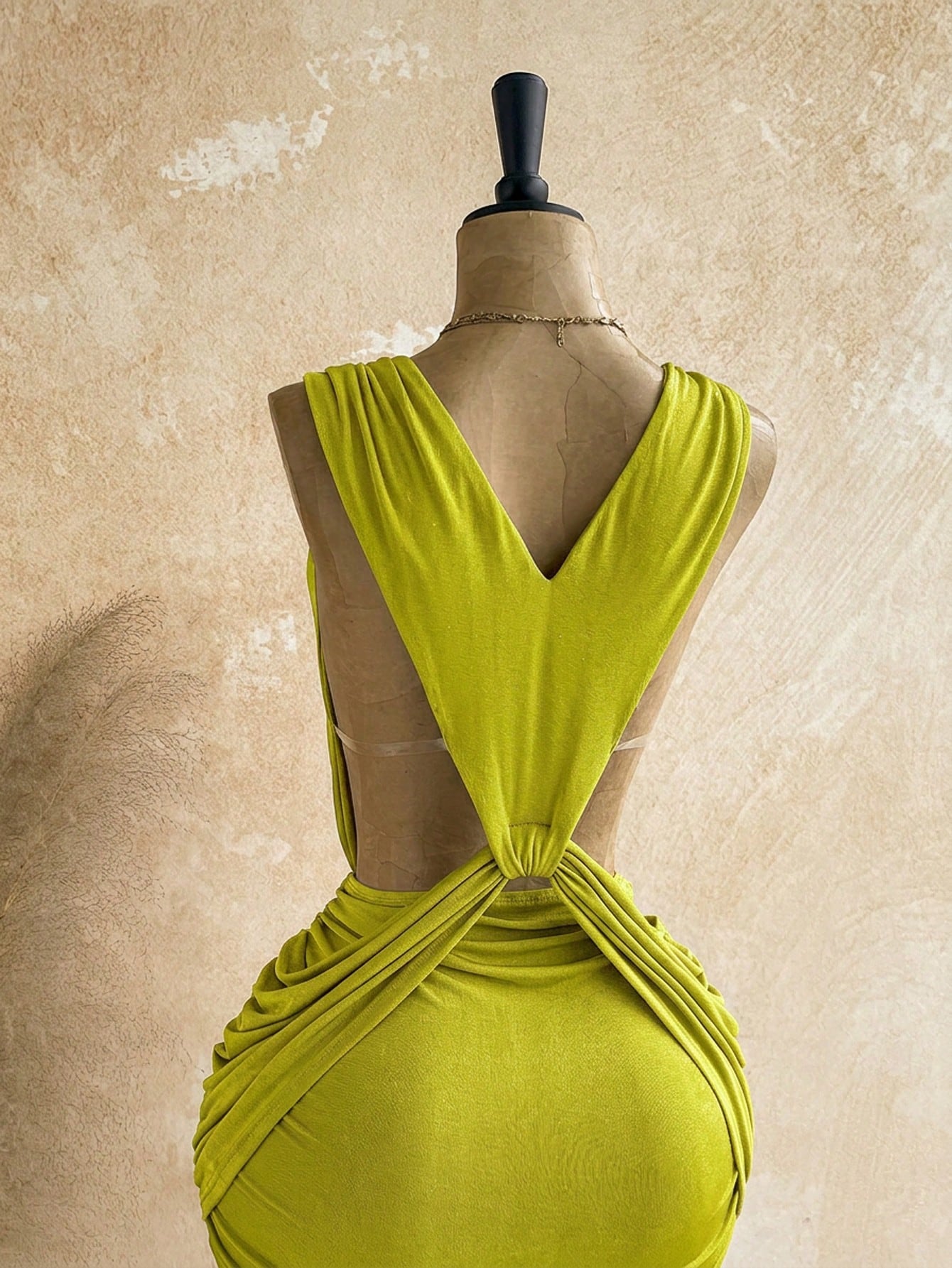 Soleia Sexy Design V-Neck Metal Decor Shoulder Strap Backless Wrap Mini Dress Greek Mythology Style For Date Night Club Party Out Summer Olive Green