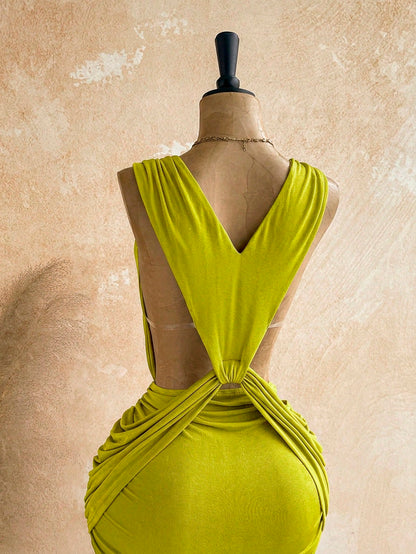 Soleia Sexy Design V-Neck Metal Decor Shoulder Strap Backless Wrap Mini Dress Greek Mythology Style For Date Night Club Party Out Summer Olive Green